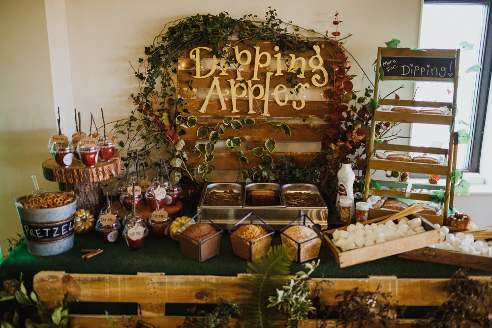 Dipping Apples Sweets Treats Dessert Food Bar Station Table Autumn Autumnal Ox Pasture Hall Wedding Photography34