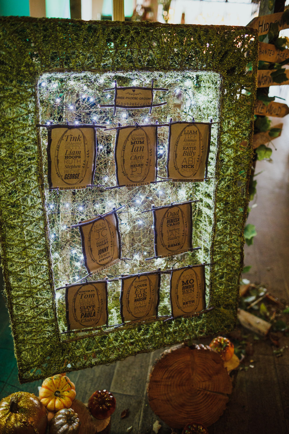 Seating Plan Table Chart Autumn Fairy Lights Ox Pasture Hall Wedding Photography34