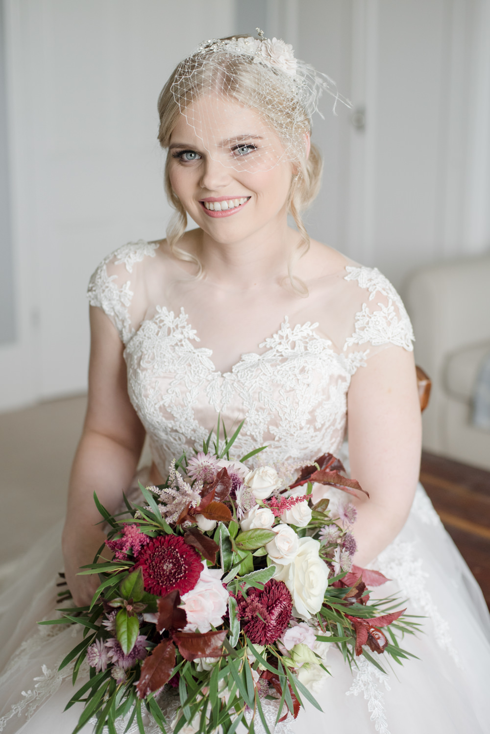 Bride Bridal Birdcage Veil Lace Illusion Blush Pink Bouquet Penally Abbey Wedding Eleanor Jane Photography