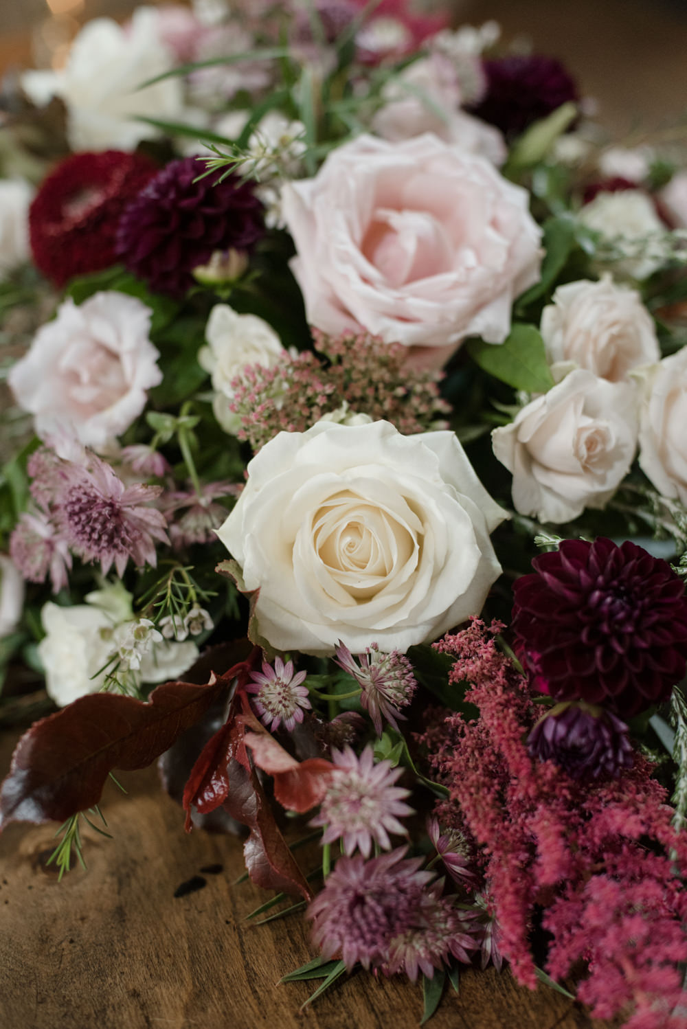 Pink White Rose Burgundy Bouquet Penally Abbey Wedding Eleanor Jane Photography