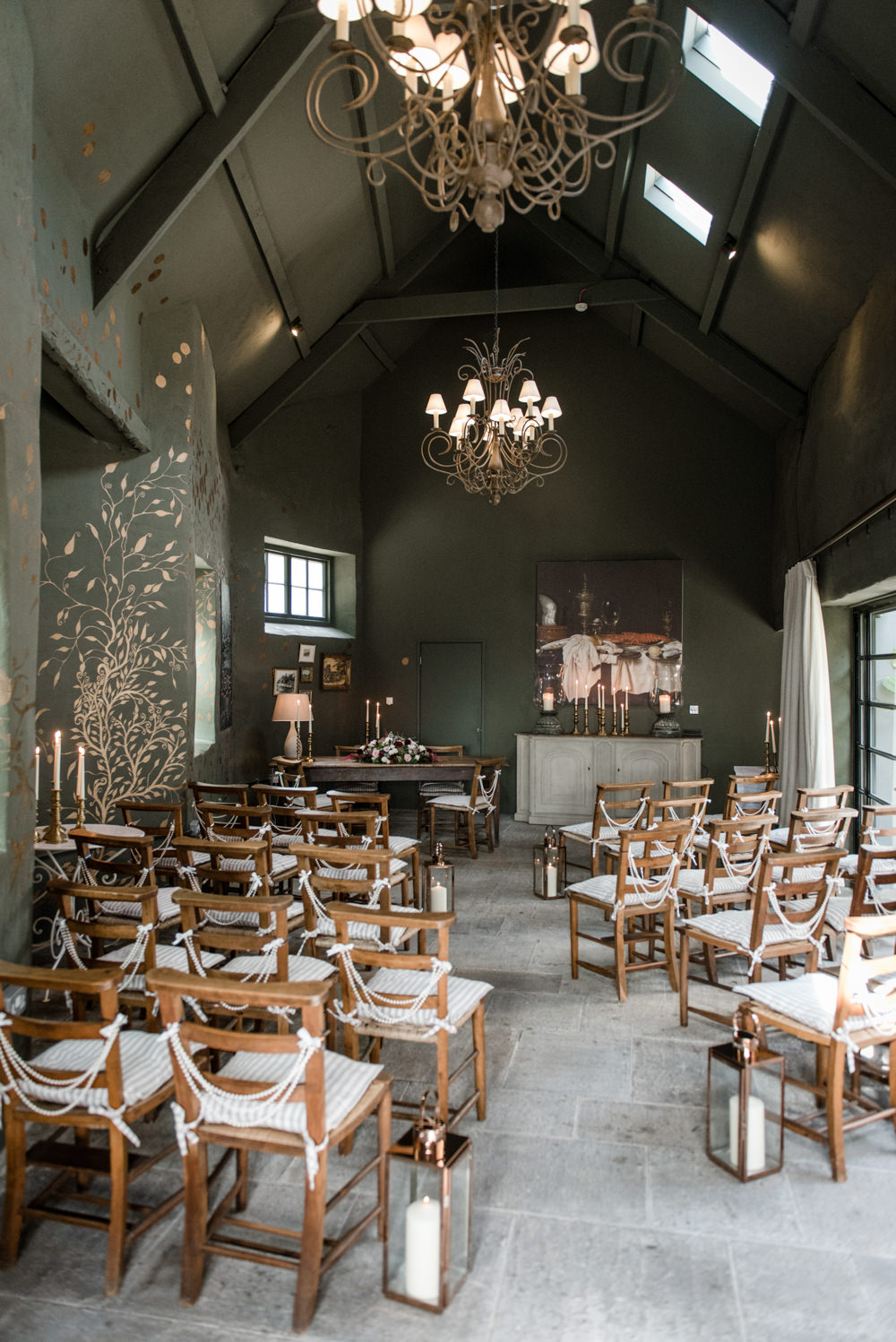 Intimate Ceremony Pearl Chair Backs Hurricane Lantern Penally Abbey Wedding Eleanor Jane Photography