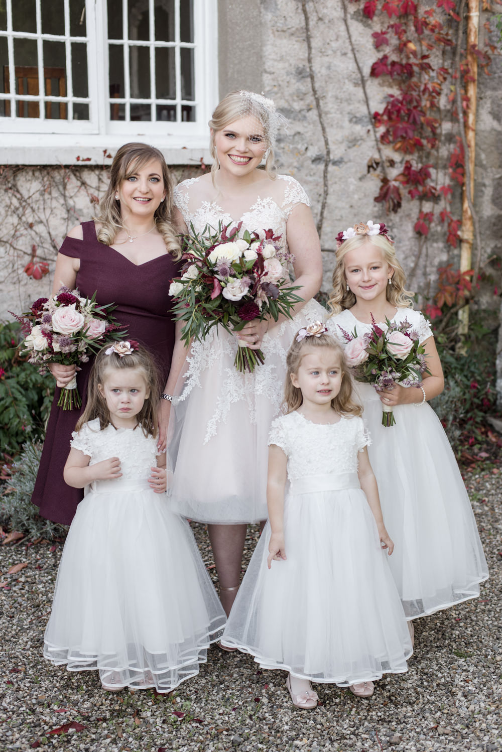 Bride Bridal Short Tea Length Dress Lace V Neck Short Sleeved Bridesmaids Flower Girls White Blush Burgundy Penally Abbey Wedding Eleanor Jane Photography