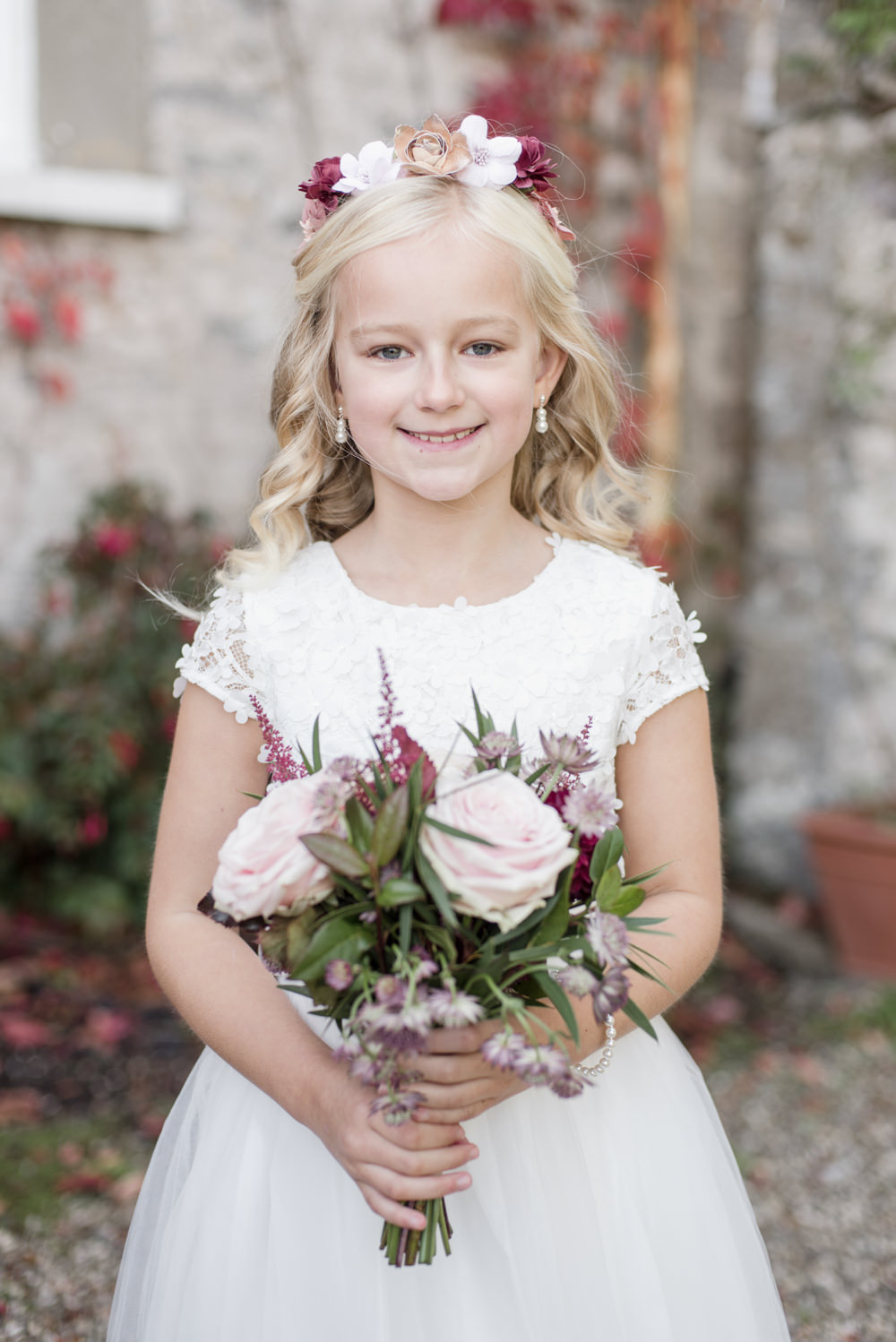Flower Girl Crown Bouquet White Dress Penally Abbey Wedding Eleanor Jane Photography