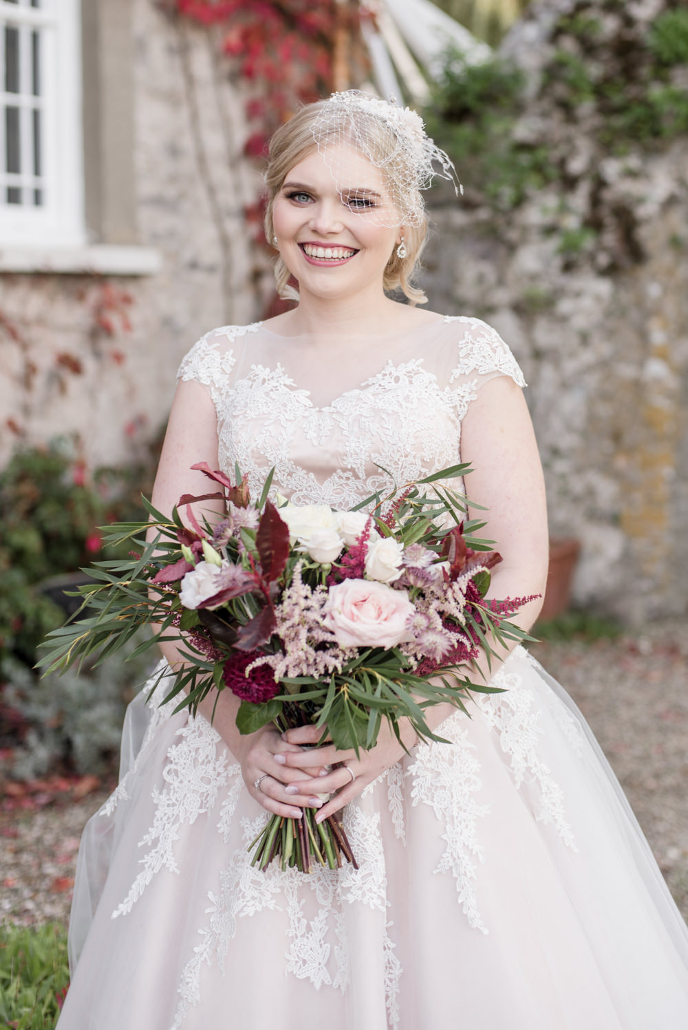 Bride Bridal Short Tea Length Dress Lace V Neck Short Sleeved Blush Burgundy Birdcage Veil Penally Abbey Wedding Eleanor Jane Photography