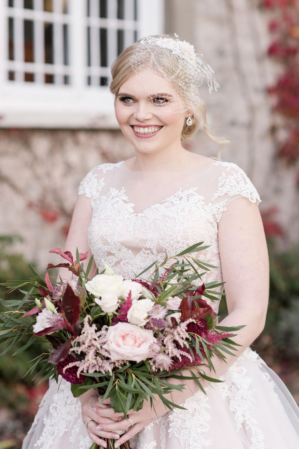 Bride Bridal Short Tea Length Dress Lace V Neck Short Sleeved Birdcage Veil Blush Burgundy Penally Abbey Wedding Eleanor Jane Photography