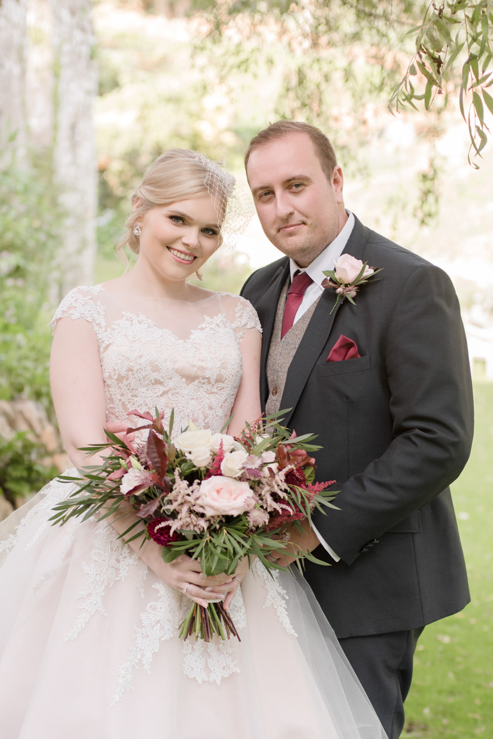 Bride Bridal Short Tea Length Dress Lace V Neck Short Sleeved Tweed Waistcoat Groom Blush Burgundy Birdcage Veil Penally Abbey Wedding Eleanor Jane Photography