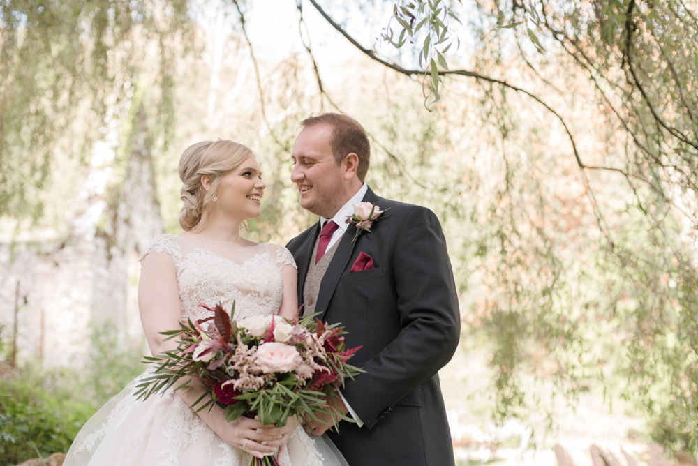 Bride Bridal Short Tea Length Dress Lace V Neck Short Sleeved Tweed Waistcoat Groom Blush Burgundy Birdcage Veil Penally Abbey Wedding Eleanor Jane Photography