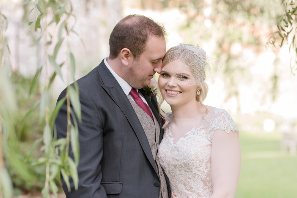Bride Bridal Short Tea Length Dress Lace V Neck Short Sleeved Tweed Waistcoat Groom Blush Burgundy Penally Abbey Wedding Eleanor Jane Photography