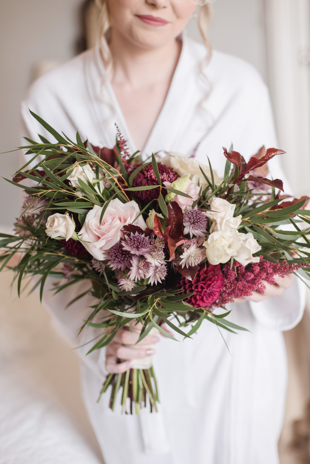 Bride Bridal Bouquet Blush Pink Rose Thistle Foliage Penally Abbey Wedding Eleanor Jane Photography