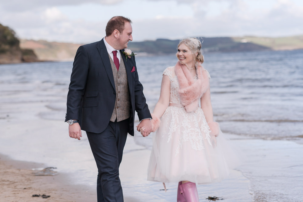Bride Bridal Short Tea Length Dress Lace V Neck Short Sleeved Tweed Waistcoat Groom Blush Burgundy Pink Fur Stole Wellies Penally Abbey Wedding Eleanor Jane Photography