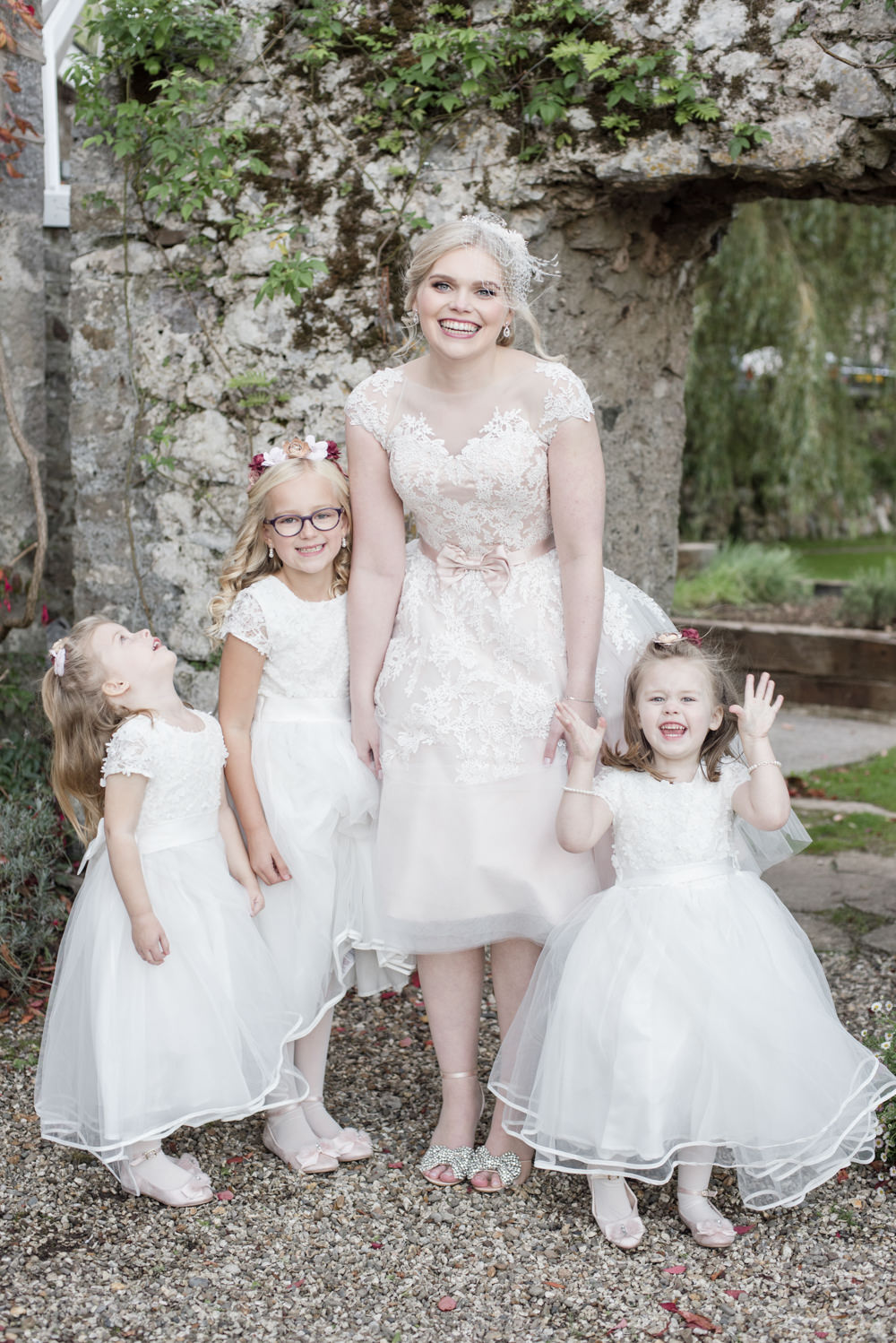 Bride Bridal Short Tea Length Dress Lace V Neck Short Sleeved Flower Girls White Flower Crown Blush Burgundy Penally Abbey Wedding Eleanor Jane Photography