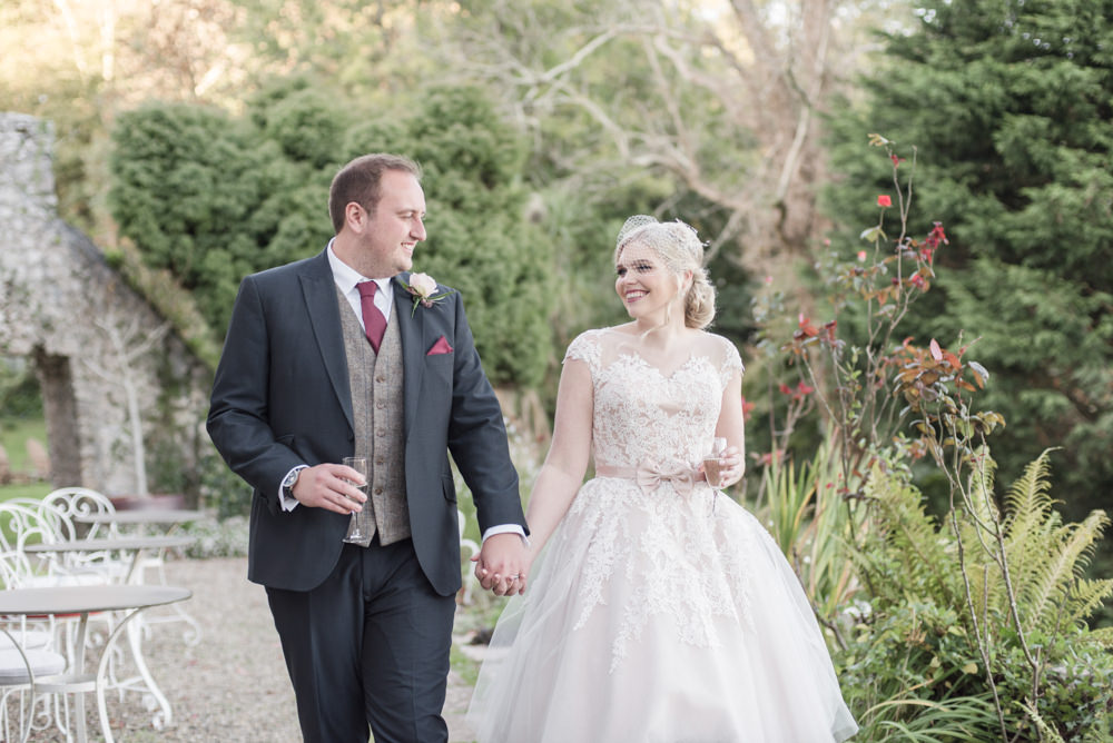 Bride Bridal Short Tea Length Dress Lace V Neck Short Sleeved Tweed Waistcoat Groom Blush Burgundy Penally Abbey Wedding Eleanor Jane Photography