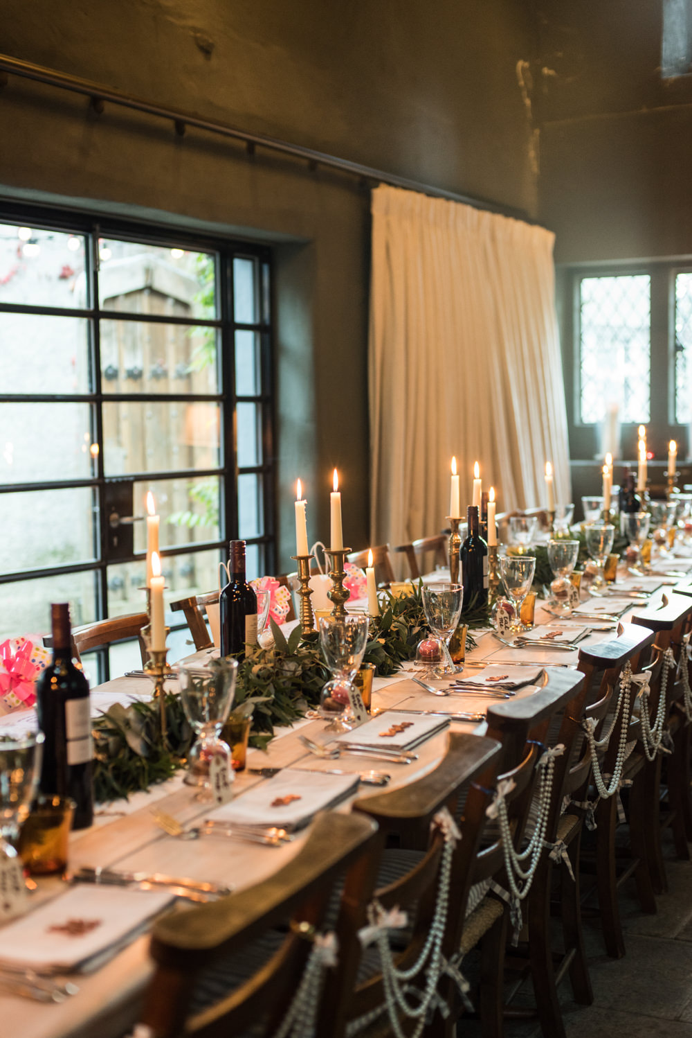 Long Feasting Table Foliage Brass Candlesticks Penally Abbey Wedding Eleanor Jane Photography