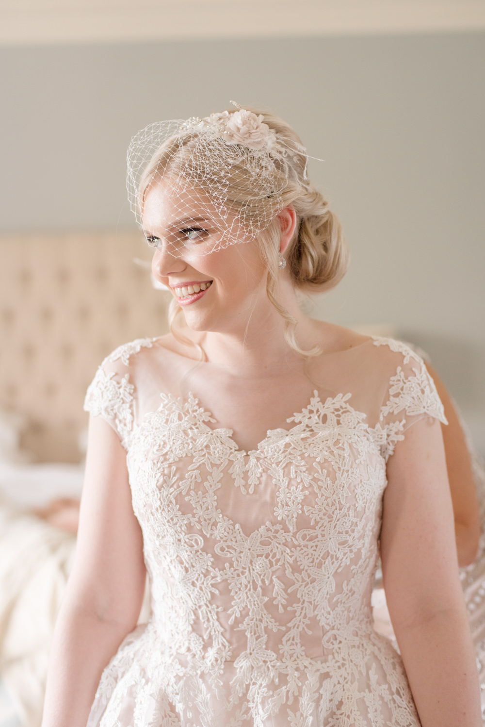 Bride Bridal Birdcage Veil Lace Short Sleeve Illusion Lace Dress Penally Abbey Wedding Eleanor Jane Photography