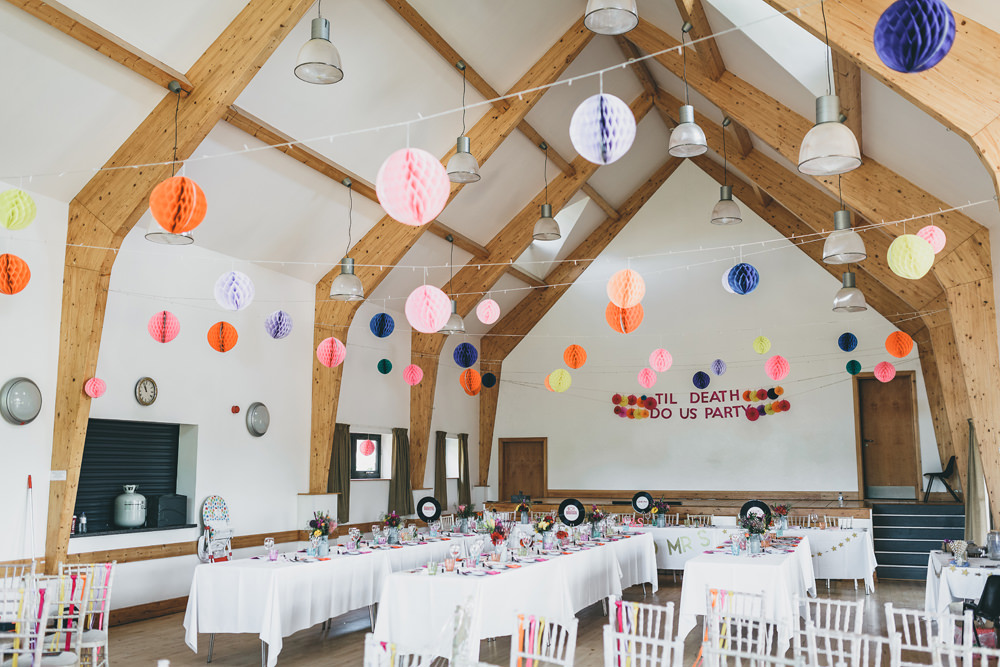 Banner Sign Signage Til Death Us Do Party Lanterns Decor Colourful Rock Village Hall Wedding Lucie Hamilton Photography