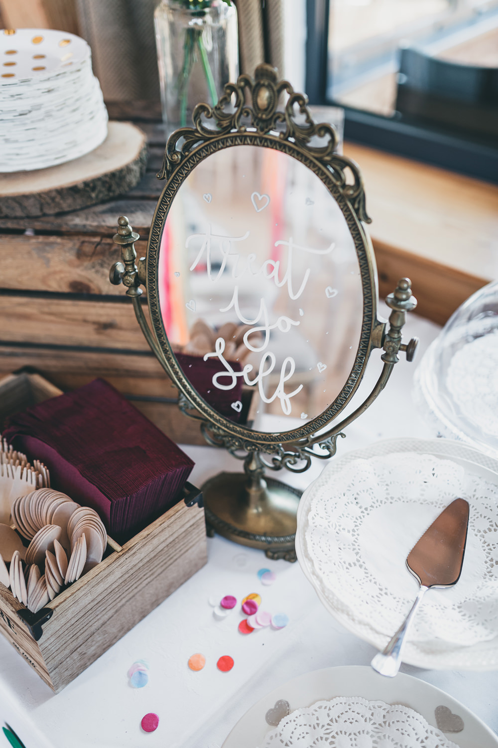 Calligraphy Mirror Sign Treats Dessert Table Rock Village Hall Wedding Lucie Hamilton Photography