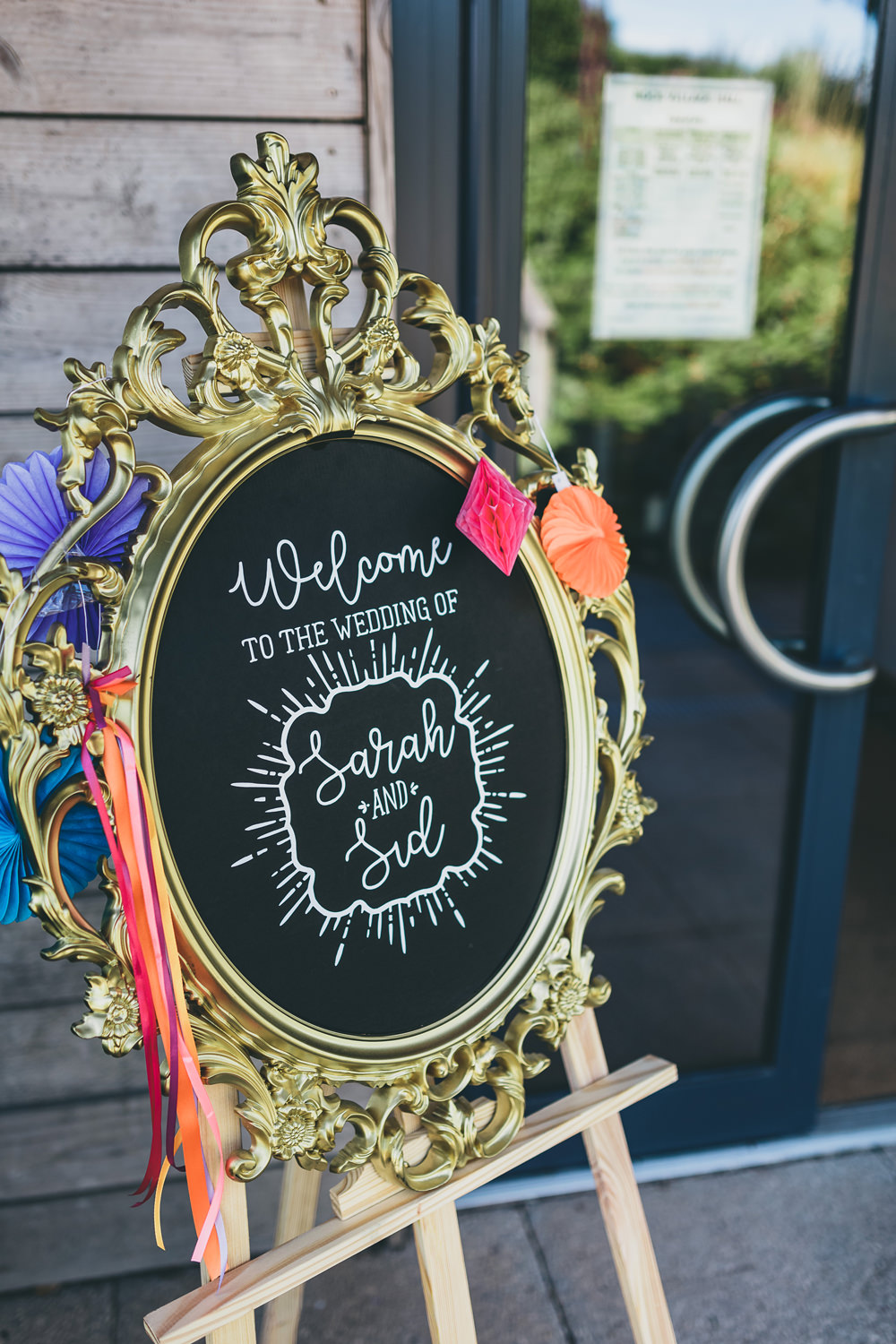 Gold Frame Chalk Black Board Welcome Sign Signage Calligraphy Rock Village Hall Wedding Lucie Hamilton Photography