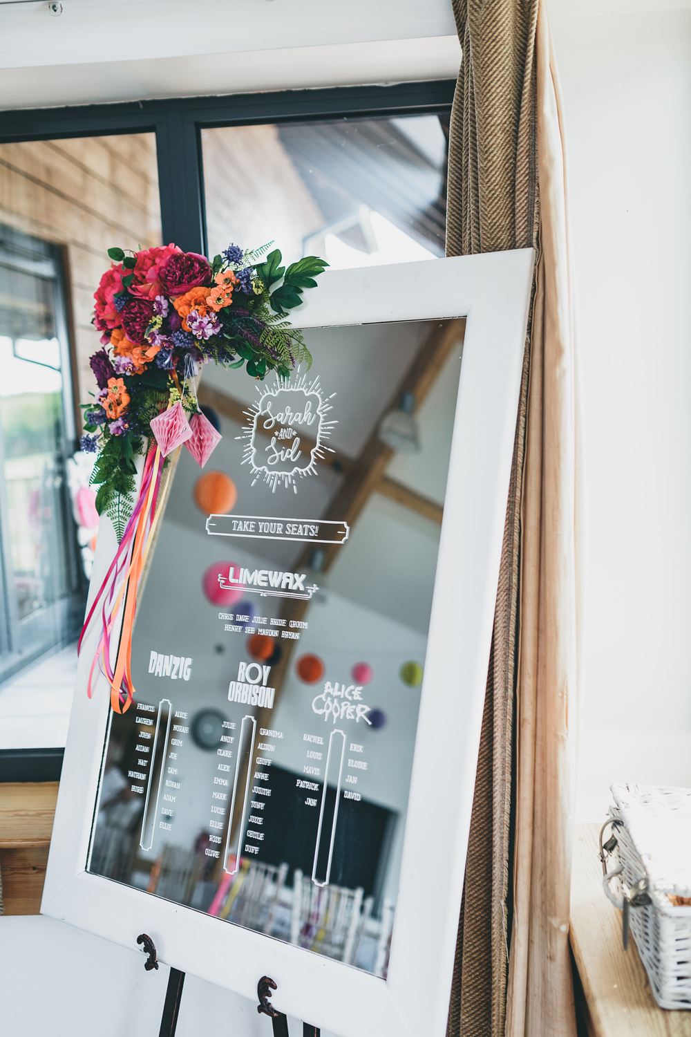 Mirror Seating Plan Table Chart Callligraphy Colourful Flowers Rock Village Hall Wedding Lucie Hamilton Photography