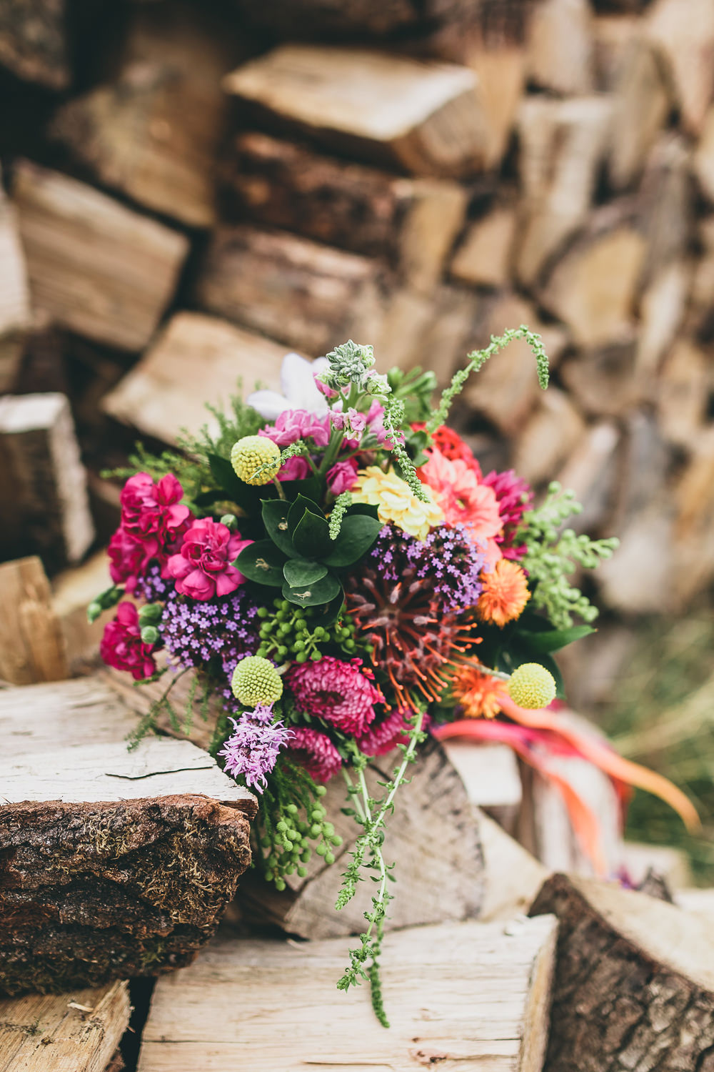 Bouquet Flowers Bride Bridal Colourful Bright Ribbons Pink Purple Yellow Billy Balls Rock Village Hall Wedding Lucie Hamilton Photography