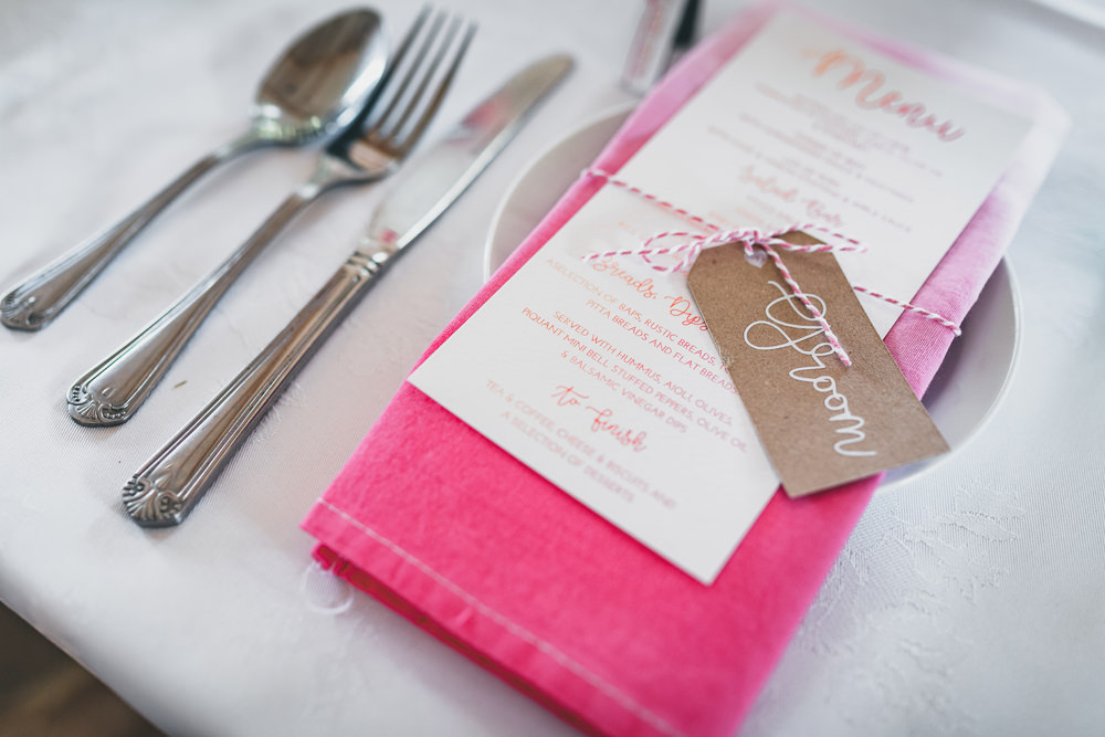 Luggage Tag Twine Place Name Pink Napkin Rock Village Hall Wedding Lucie Hamilton Photography