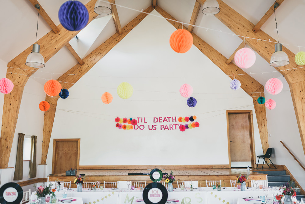 Banner Sign Signage Til Death Us Do Party Lanterns Decor Colourful Banner Sign Rock Village Hall Wedding Lucie Hamilton Photography