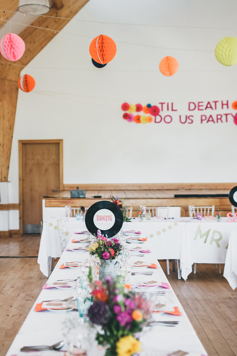 Banner Sign Signage Til Death Us Do Party Lanterns Decor Colourful Rock Village Hall Wedding Lucie Hamilton Photography