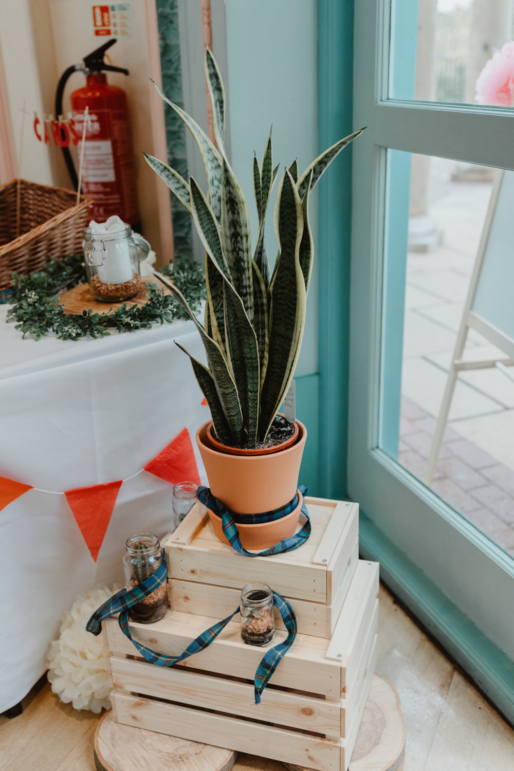 Stacked Wooden Crate Succulent Tartan Ribbon Bunting Sun Pavilion Wedding Stevie Jay Photography