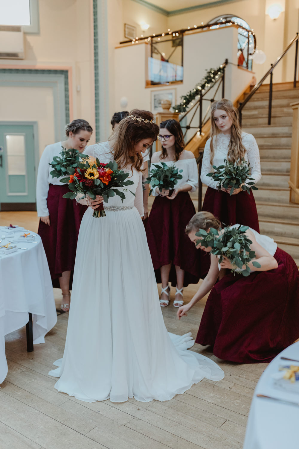 Bride Bridal Sweetheart Neckline Dress Gown Three Quarter Sleeve Cover Up Hair Vine Burgundy High Low Skirt Bridesmaids Sun Pavilion Wedding Stevie Jay Photography