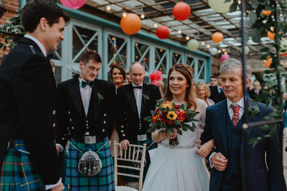 Bride Bridal Sweetheart Neckline Dress Gown Three Quarter Sleeve Cover Up Hair Vine Kilt Groom Autumn Bouquet Flowers Sun Pavilion Wedding Stevie Jay Photography