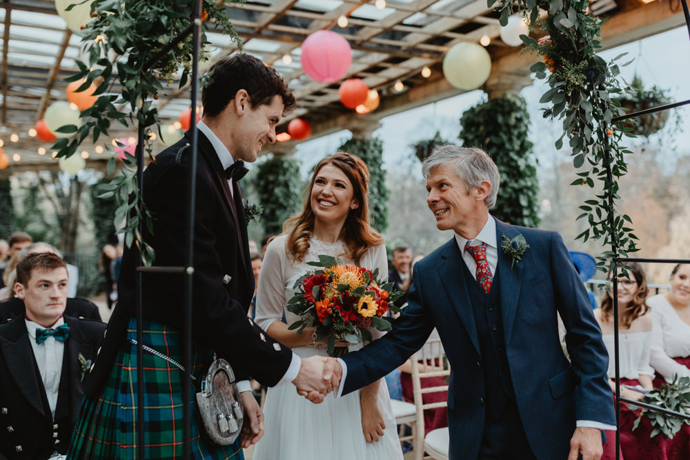 Bride Bridal Sweetheart Neckline Dress Gown Three Quarter Sleeve Cover Up Hair Vine Kilt Groom Autumn Flowers Bouquet Sun Pavilion Wedding Stevie Jay Photography