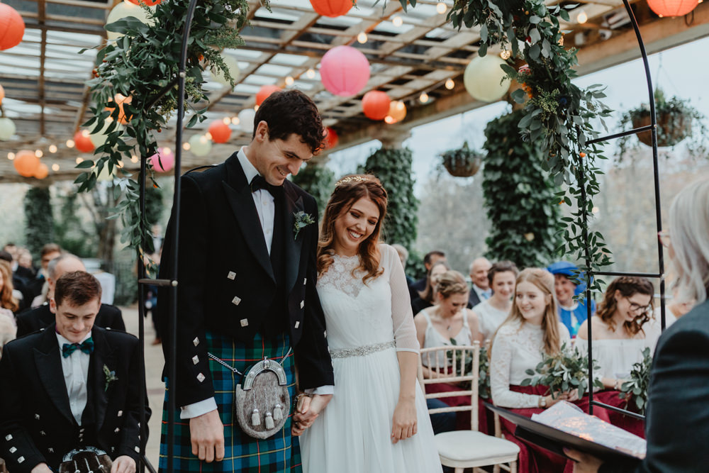Bride Bridal Sweetheart Neckline Dress Gown Three Quarter Sleeve Cover Up Hair Vine Kilt Groom Sun Pavilion Wedding Stevie Jay Photography