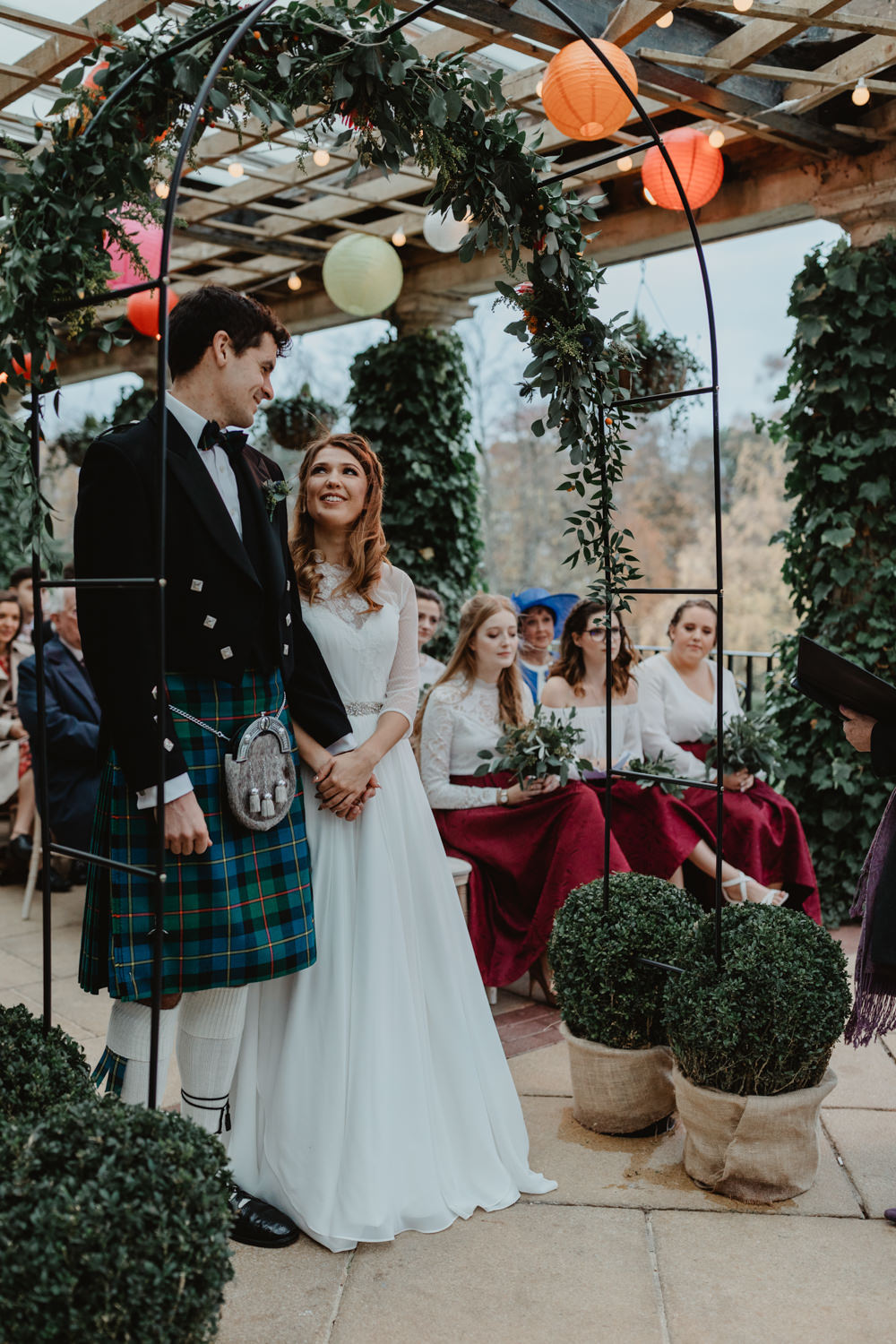 Bride Bridal Sweetheart Neckline Dress Gown Three Quarter Sleeve Cover Up Hair Vine Kilt Groom Flower Arch Sun Pavilion Wedding Stevie Jay Photography