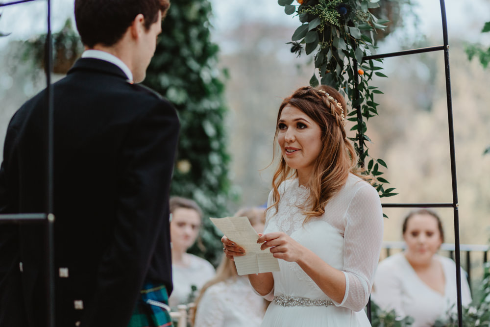 Bride Bridal Sweetheart Neckline Dress Gown Three Quarter Sleeve Cover Up Hair Vine Kilt Groom Sun Pavilion Wedding Stevie Jay Photography