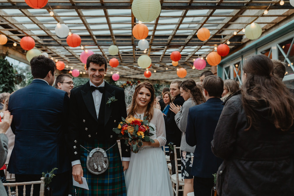Bride Bridal Sweetheart Neckline Dress Gown Three Quarter Sleeve Cover Up Hair Vine Kilt Groom Autumn Flower Bouquet Sun Pavilion Wedding Stevie Jay Photography