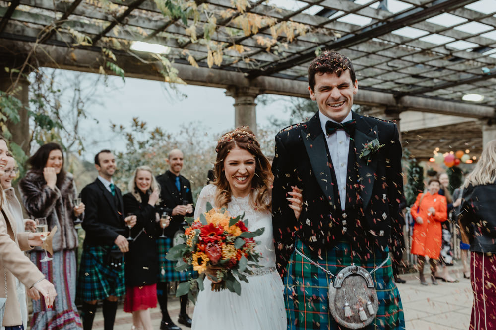 Bride Bridal Sweetheart Neckline Dress Gown Three Quarter Sleeve Cover Up Hair Vine Kilt Groom Autumn Flower Bouquet Confetti Sun Pavilion Wedding Stevie Jay Photography