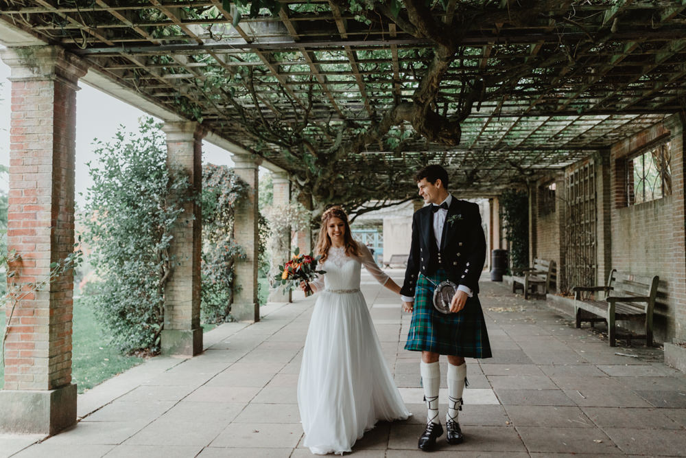 Bride Bridal Sweetheart Neckline Dress Gown Three Quarter Sleeve Cover Up Hair Vine Kilt Groom Sun Pavilion Wedding Stevie Jay Photography