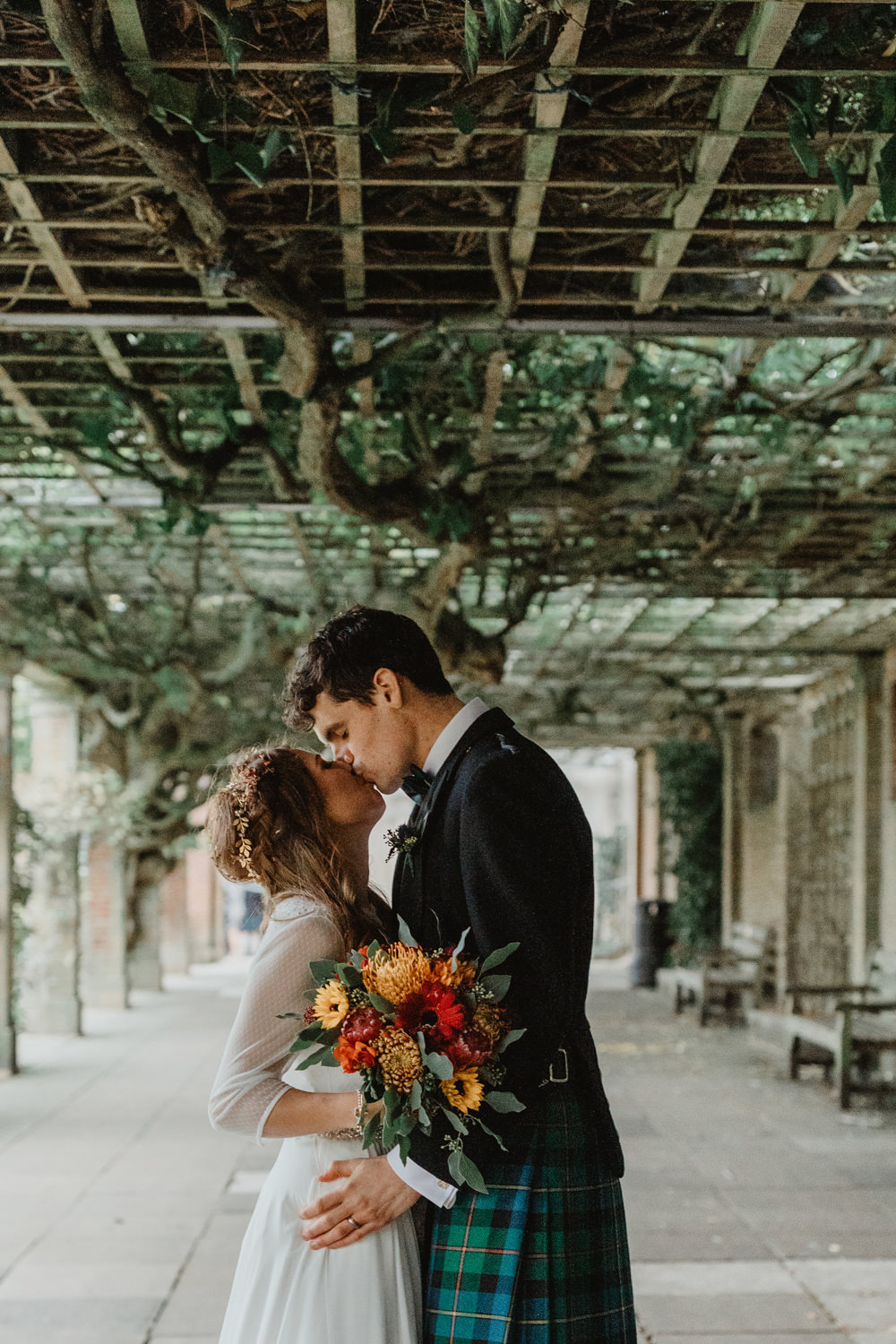 Bride Bridal Sweetheart Neckline Dress Gown Three Quarter Sleeve Cover Up Hair Vine Kilt Groom Autumn Flower Bouquet Sun Pavilion Wedding Stevie Jay Photography