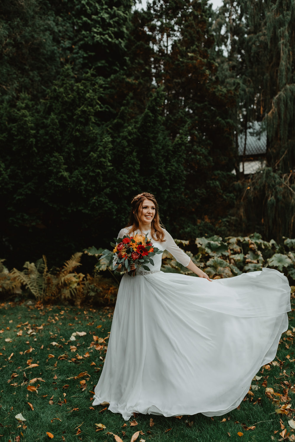 Bride Bridal Sweetheart Neckline Dress Gown Three Quarter Sleeve Cover Up Hair Vine Autumn Flower Bouquet Sun Pavilion Wedding Stevie Jay Photography
