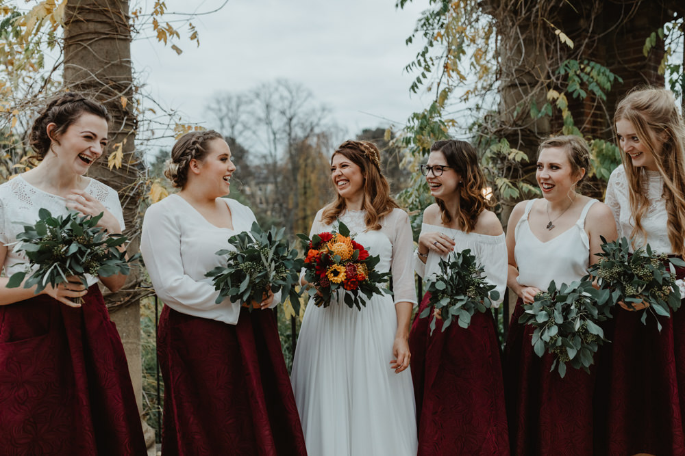 Bride Bridal Sweetheart Neckline Dress Gown Three Quarter Sleeve Cover Up Hair Vine Burgundy High Low Skirt Bridesmaids Sun Pavilion Wedding Stevie Jay Photography