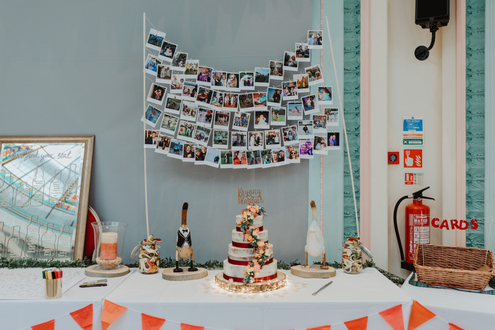 Polaroid Backdrop Cake Table Wood Slice Mirror Sign Sun Pavilion Wedding Stevie Jay Photography