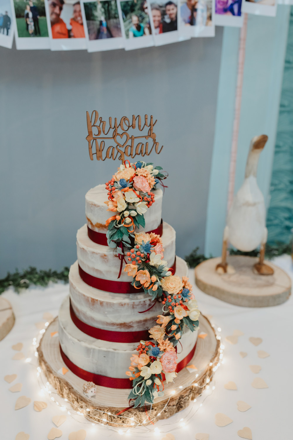 Semi Naked Cake Sugar Flowers Laser Cut Cake Topper Wood Slice Fairy Lights Sun Pavilion Wedding Stevie Jay Photography