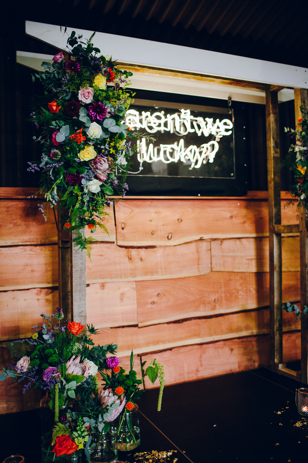 Neon Sign Multicoloured Florals Tatton Wedding Stock Farm Barn Amy B Photography