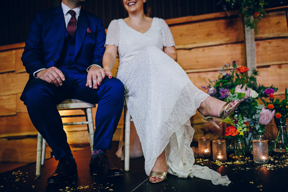 Bride Bridal V Neck Sleeves Beaded Detail Dress Gown Blue Suit Groom Tatton Wedding Stock Farm Barn Amy B Photography