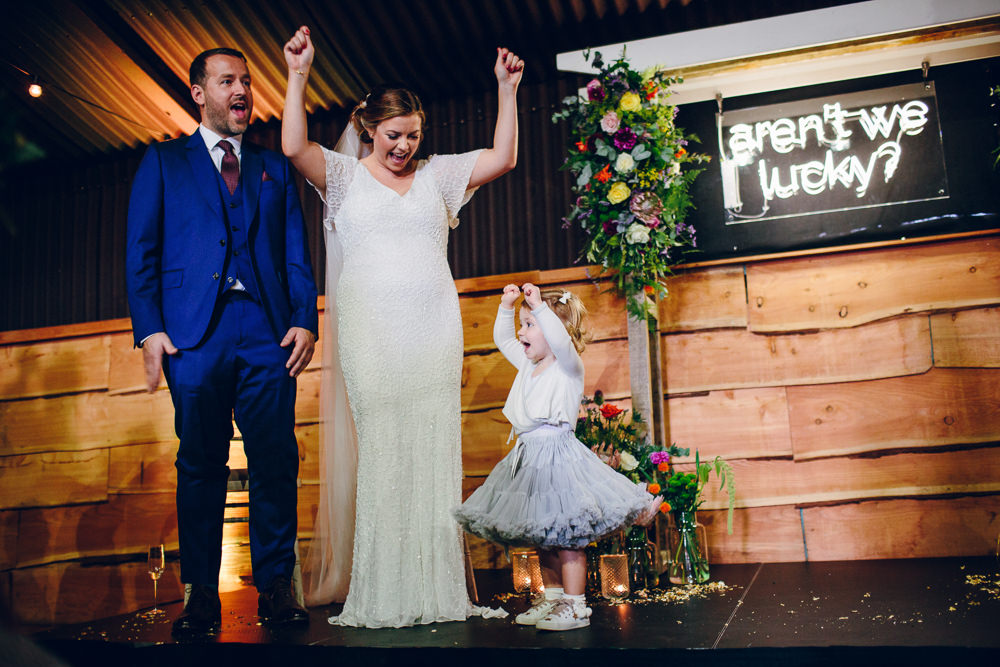 Bride Bridal V Neck Sleeves Beaded Detail Dress Gown Blue Suit Groom Veil Flower Girl Tulle Skirt Tatton Wedding Stock Farm Barn Amy B Photography