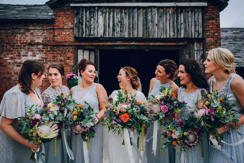 Bride Bridal V Neck Sleeves Beaded Detail Dress Gown Grey Beaded Bridesmaids Tropical Bouquet Tatton Wedding Stock Farm Barn Amy B Photography