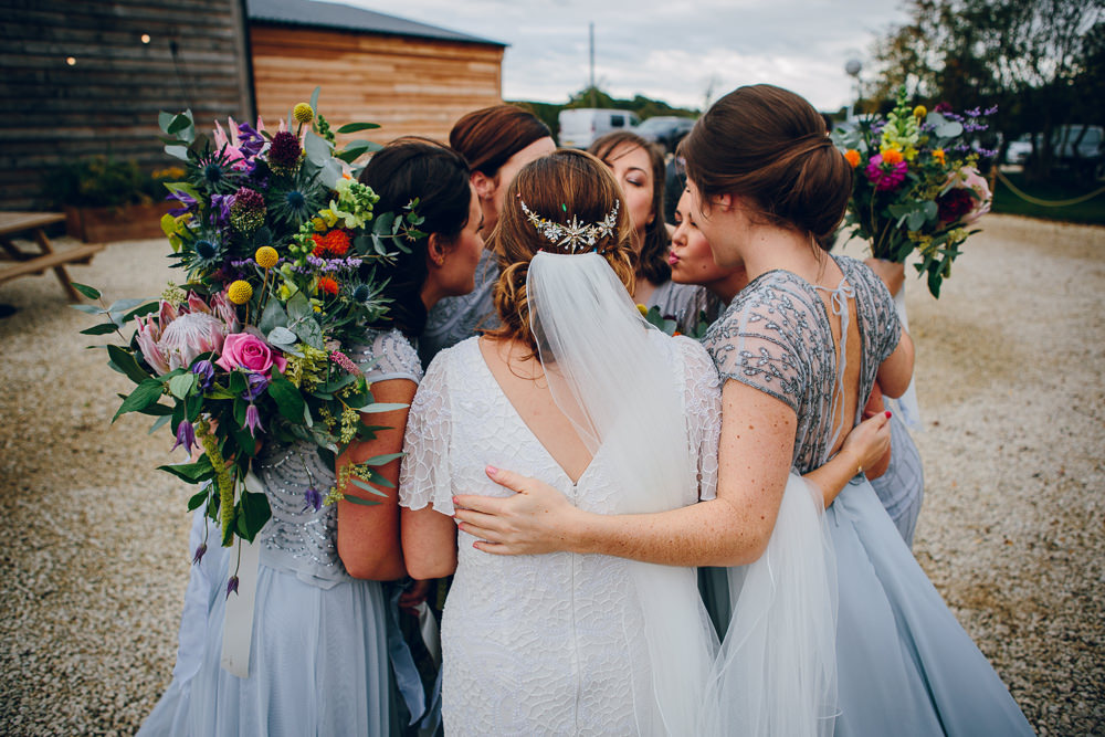 Bride Bridal V Neck Sleeves Beaded Detail Dress Gown Grey Beaded Maxi Bridesmaids Tropical Bouquet Hair Piece Tatton Wedding Stock Farm Barn Amy B Photography