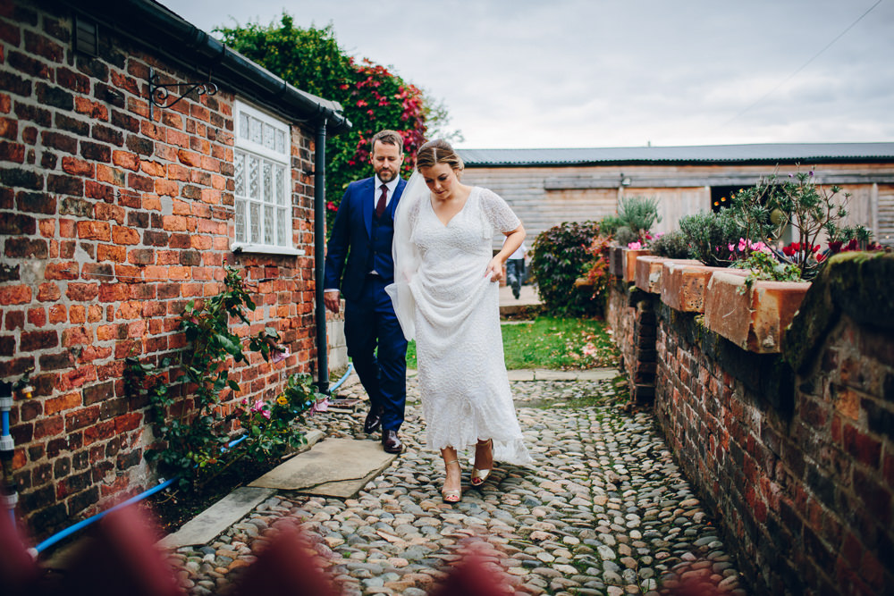 Bride Bridal V Neck Sleeves Beaded Detail Dress Gown Blue Suit Groom Tatton Wedding Stock Farm Barn Amy B Photography