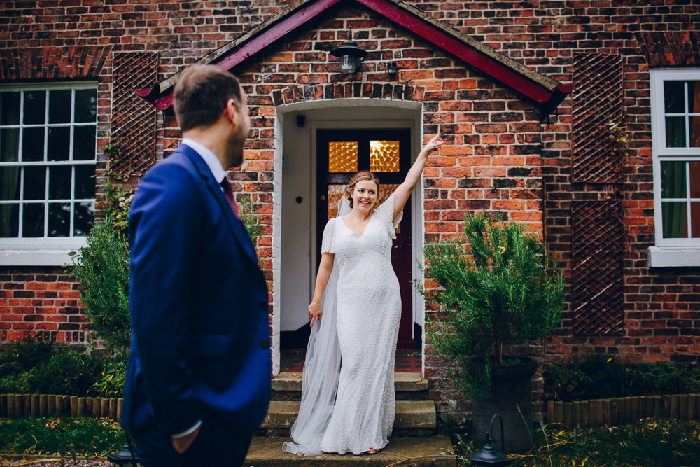Bride Bridal V Neck Sleeves Beaded Detail Dress Gown Blue Suit Groom Veil Tatton Wedding Stock Farm Barn Amy B Photography