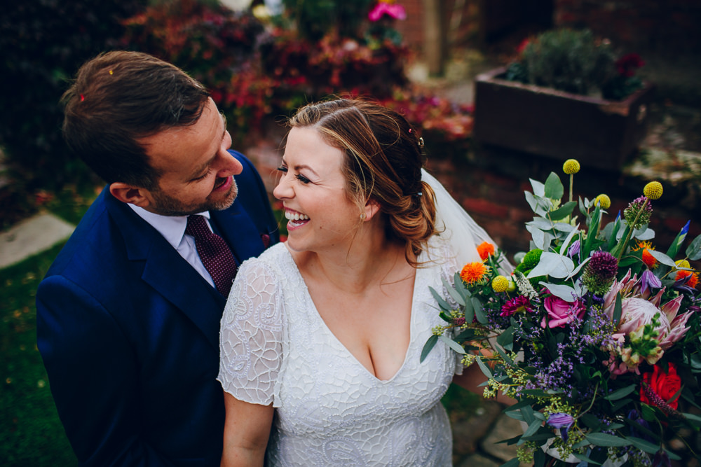 Bride Bridal V Neck Sleeves Beaded Detail Dress Gown Blue Suit Groom Tropical Bouquet Veil Tatton Wedding Stock Farm Barn Amy B Photography