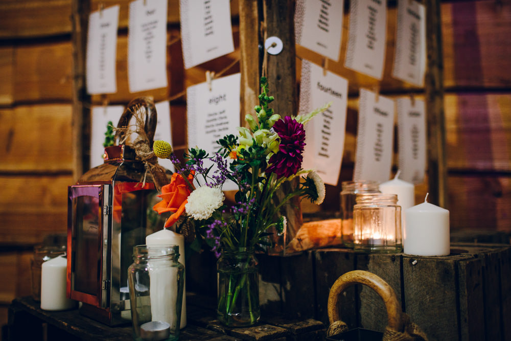Multicoloured Tropical Flowers Floral Candle Storm Lantern Table Plan Tatton Wedding Stock Farm Barn Amy B Photography